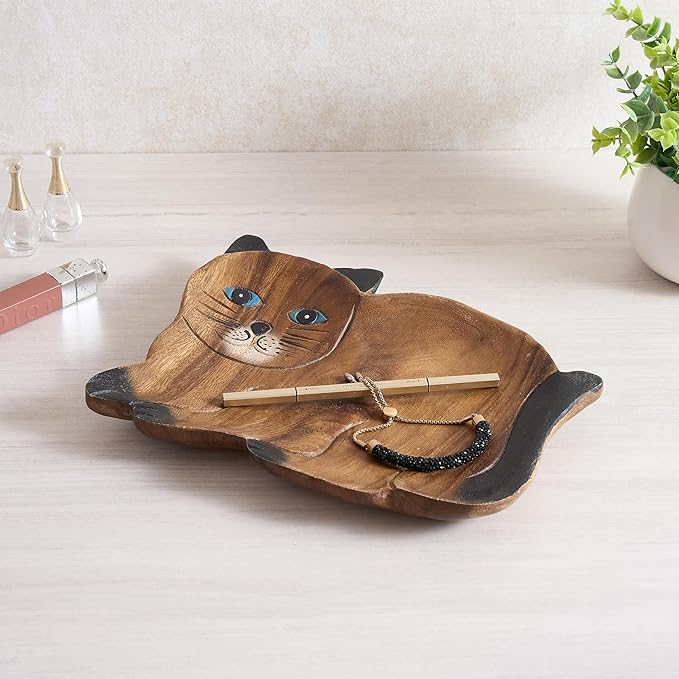 Handcrafted Cat Shaped Decorative Tray, Authentic Thai Wood with Vibrant Hand-Painted Details, Unique Artisan Serving Tray for Home Decor & Display