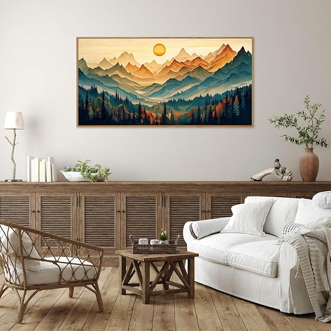Tinonedraw Large Mountain Framed Canvas Wall Art, Boho Nature Forest Wall Decor, Neutral Wooden Pine Trees Artwork, Sunrise Ridge Landscape Art Printing for Living Room Bedroom Office 20"x40"
