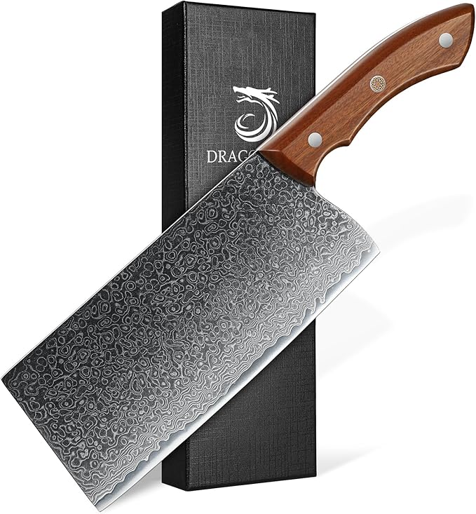 DRAGON RIOT Damascus Cleaver Knife 10 inch, VG10 Damascus Knife for Meat Cutting, Butcher Knife with Wood Handle for Chopper Vegetables Razor Sharp Chooping Knife, Premium Gift Box