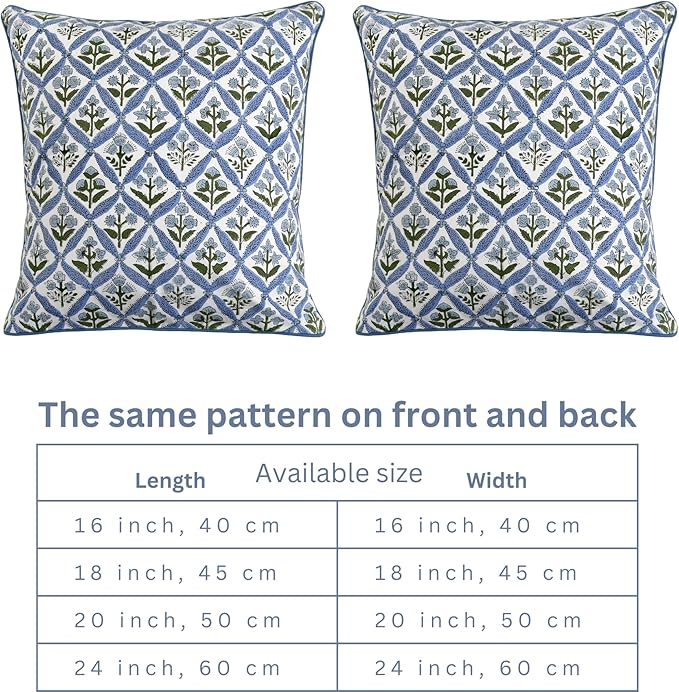 Ridhi Light Steel Blue Block Print Cotton Throw Pillow Covers for Decorative Couch Pillows for Living Room, Chic Boho Cute Outdoor Valentine Pillows Covers Gifts 16x16 Inches