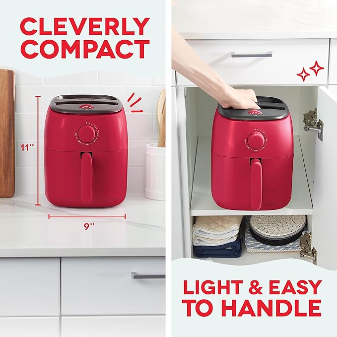 DASH Tasti-Crisp™ Electric Air Fryer Oven, 2.6 Qt., Red – Compact Air Fryer for Healthier Food in Minutes, Ideal for Small Spaces - Auto Shut Off, Analog, 1000-Watt