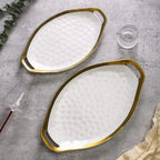 Stone Lain Florian Porcelain Large and Medium Oval Platters with Handle, Service Set, White with Gold Rim