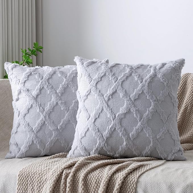 Set of 2 Soft Moroccan Throw Pillow Covers 16x16 Inch Plush Boho Decorative Pillow Cover Accent Cushion Case for Couch Sofa Bed, Grey