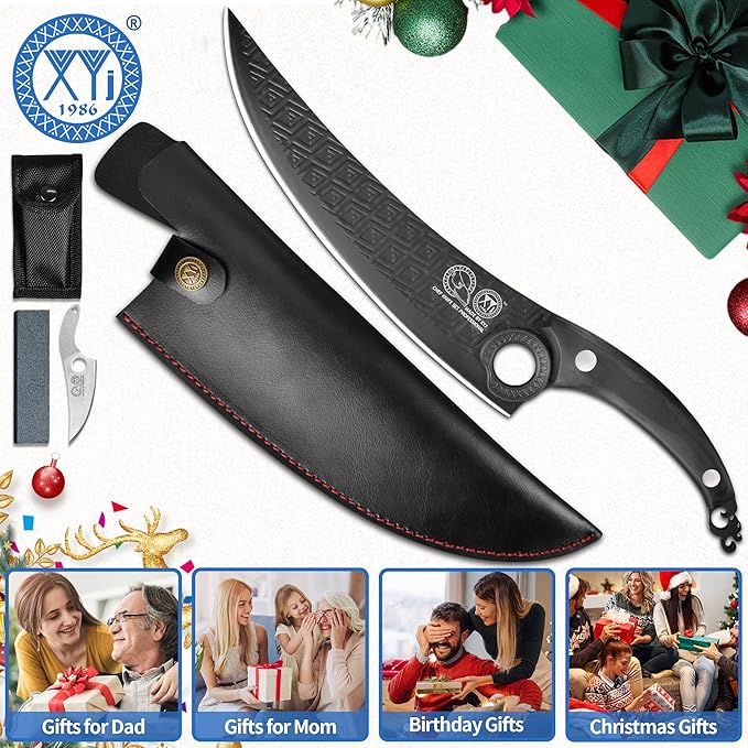 XYJ Authentic Since 1986, FULL TANG 10 Inch Boning Knife With Sheath, Stainless Steel Deboning Meat Cleaver for Meat Cutting, Vegetable Kitchen Knife for Outdoor Camping