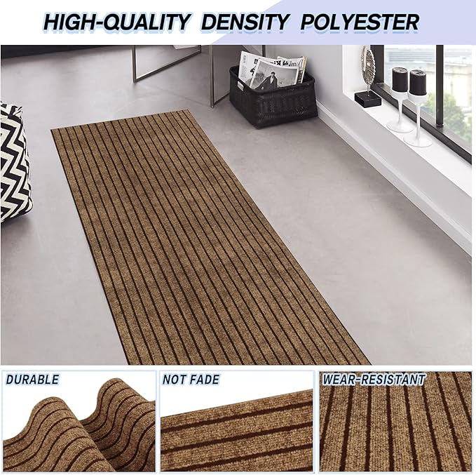 Custom Size Backed Non-Slip Area Rugs Runner, Easy Clean, Waterproof Runner Rugs for Hallway Entryway, Kitchen, Laundry, 4FT x 26FT, Brown Stripe