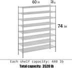 18" Deep x 60" Wide x 74" Height Wire Shelving Kit | 8-Tier | NSF Commercial Storage Rack Unit