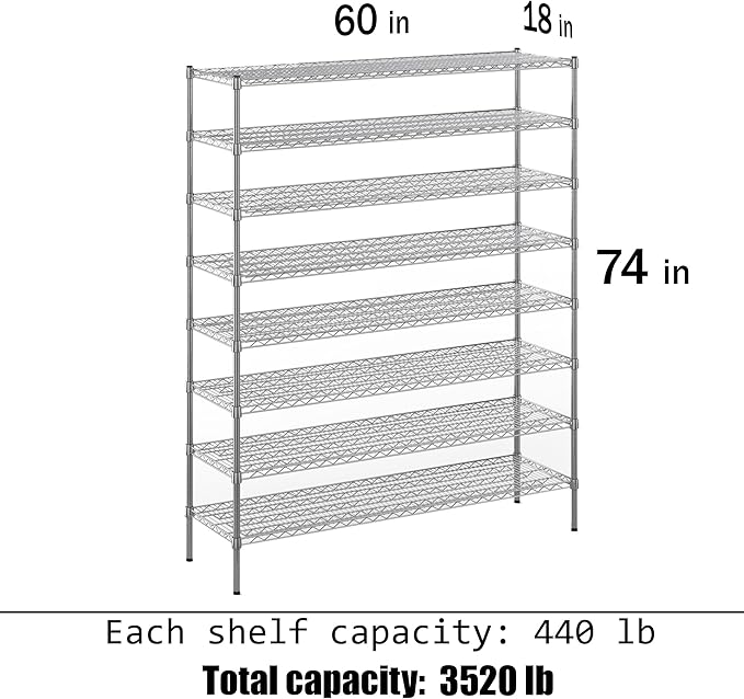 18" Deep x 60" Wide x 74" Height Wire Shelving Kit | 8-Tier | NSF Commercial Storage Rack Unit