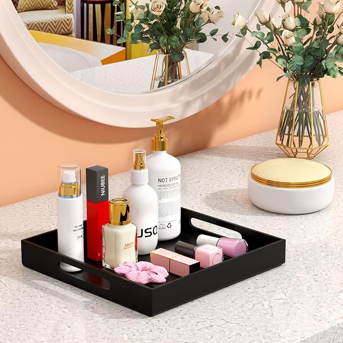 NIUBEE Acrylic Serving Tray 12x12 Inches -Spill Proof- Decorative Tray Organiser for Ottoman Coffee Table Countertop with Handles - Black