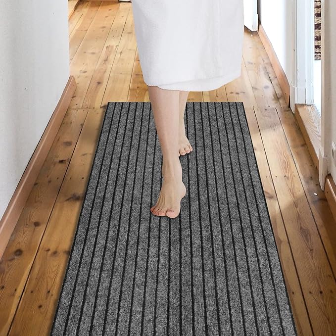 Custom Size Backed Non-Slip Area Rugs Runner, Easy Clean, Waterproof Runner Rugs for Hallway Entryway, Kitchen, Laundry, 4FT x 75FT, Gray Stripe