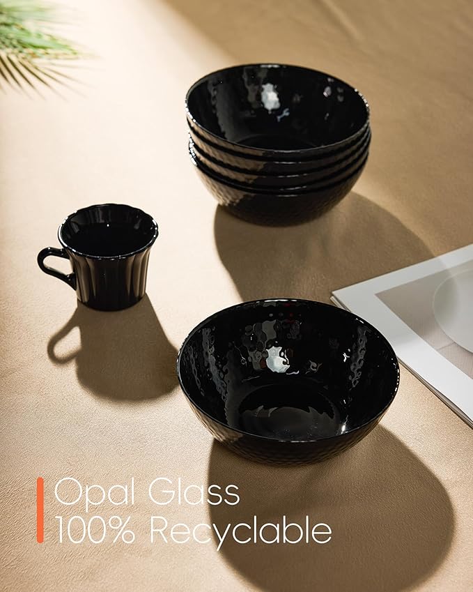 27 OZ Max Cereal Soup Bowl Set of 6, Thin Light & Durable Opal Glass 7.2 inch Black Geometric Faceted Bowls for Ramen, Noodle, Salad, Fruit, Dishwasher and Microwave Safe