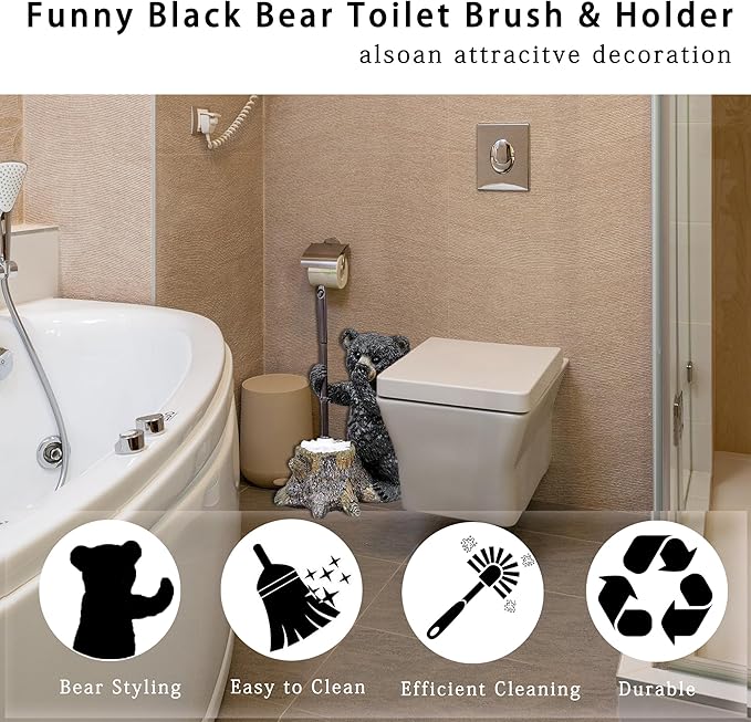 Toilet Brush Holder Set for Bathroom Super Cute Bear Base Solidly Toilet Bowl Brush and Holder Flexible and Durable Style Stylish Toilet Cleaner Brush Saving Storage Space Toilet Brushes for Bathroom