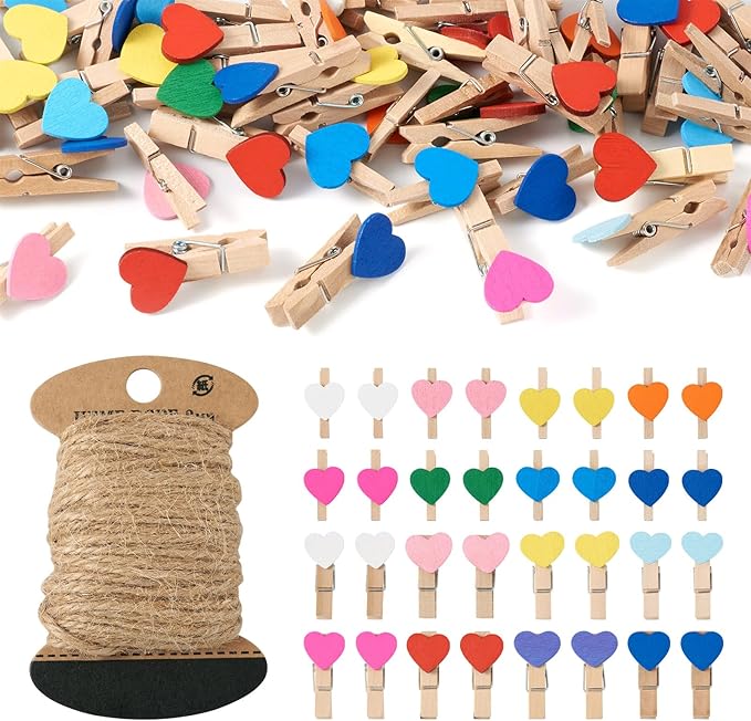 Pandahall 100Pcs Wooden Heart Clothespins Mini Photo Clips Photo Paper Pegs Clips Mixed Color Clothes Pins Holiday Card Holder Display with 10.9 Yards Jute Twine