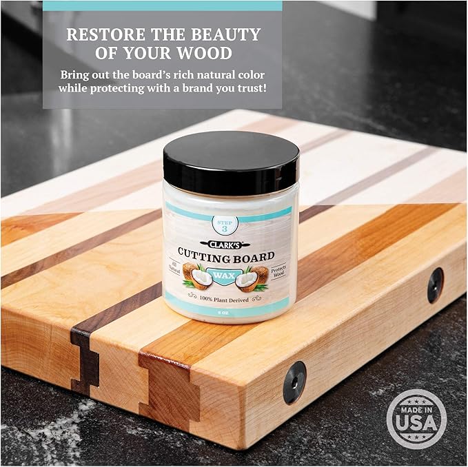 CLARK'S Coconut Cutting Board Finishing Kit - Refined Coconut Oil (12oz), Wax (6oz), Applicator and Buffing Pad - Butcher Block Oil and Wax