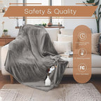 Electric Heated Blanket Throw Size 50"x60" - Flannel & Sherpa Fabric Dual-Sided, 6 Heat Settings & 3 Hours Auto Off, Soft & Cozy Warming Throw for Home, Office, or Bed, Machine Washable, Light Gray