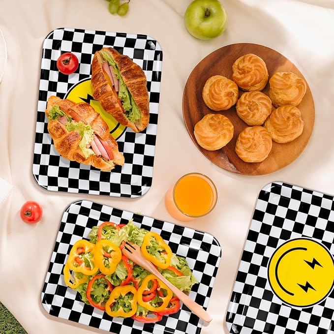 3Pcs One Happy Dude Serving Trays Reusable Smile Face Platter Black White Checkered Serving Dishes for First Birthday Party Sharing Snacks Fruit Dessert Candy, 13 x 10in