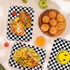 3Pcs One Happy Dude Serving Trays Reusable Smile Face Platter Black White Checkered Serving Dishes for First Birthday Party Sharing Snacks Fruit Dessert Candy, 13 x 10in