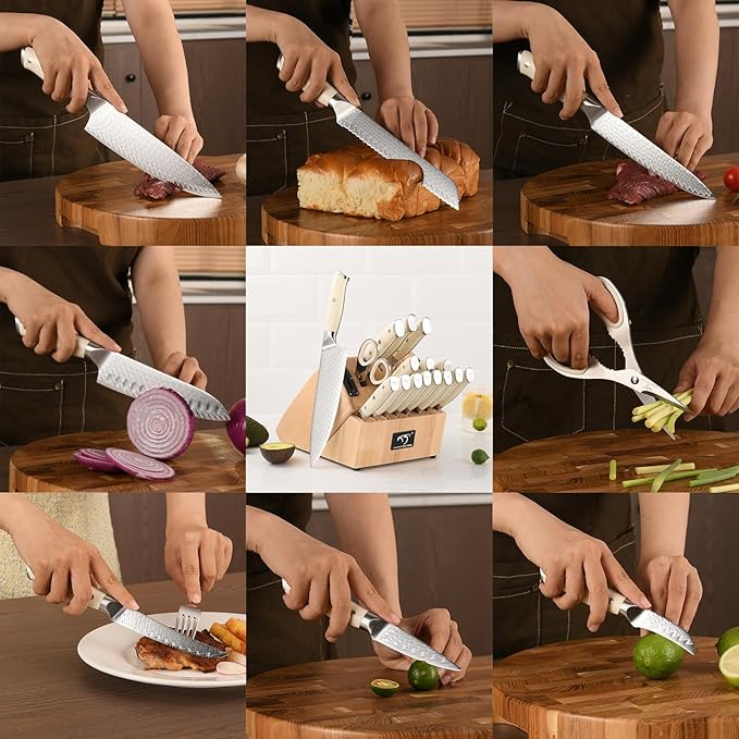 NANFANG BROTHERS Knife Set, 19-Piece Damascus Kitchen Knife Set with Block, ABS Ergonomic Handle for Chef Knife Set, Knife Sharpener and Kitchen Shears, Knife Block Set