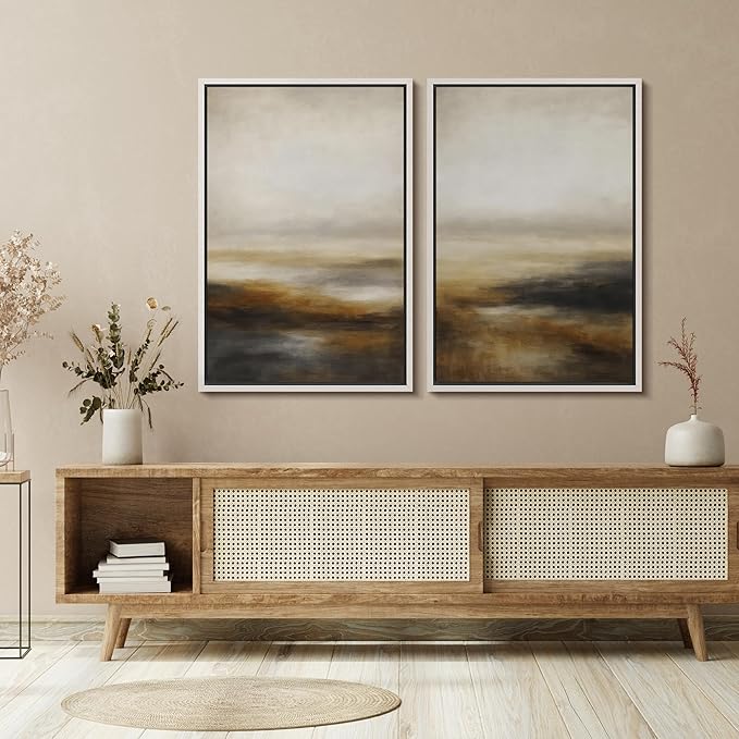 SIGNFORD Framed Canvas Print Wall Art Set Abstract Neutral Landscape Modern Beige and Brown Illustration Modern Art Decorative Nordic Nature for Living Room, Bedroom, Office - 24"x36"x2 White