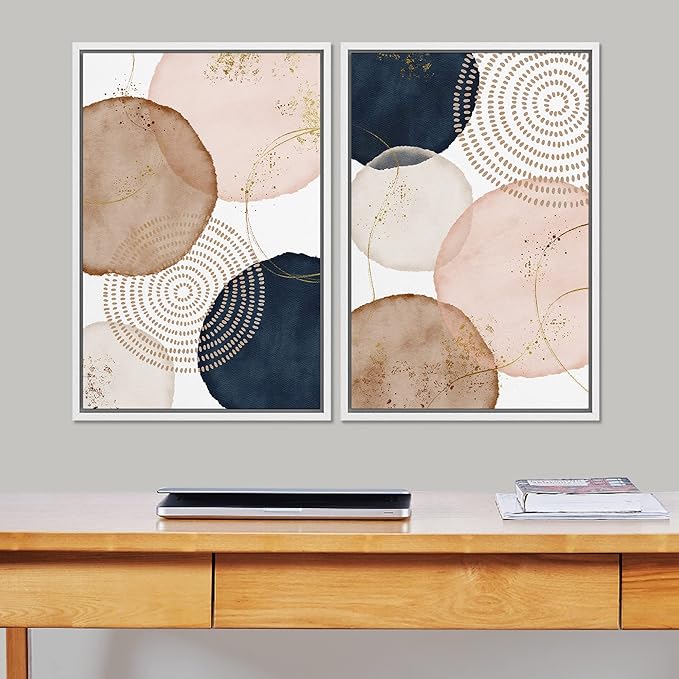 SIGNFORD Framed Wall Art Print Set Pastel Watercolor Vibrant Circle Collage Abstract Shapes Illustrations Modern Minimalist Relax/Calm Multicolor for Living Room, Bedroom, Office - 24"x36"x2 White