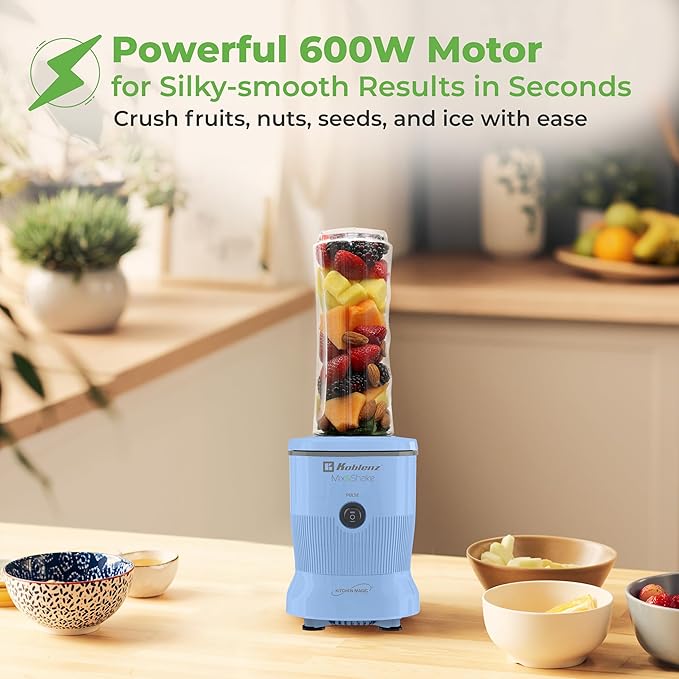 Koblenz Mix&Shake Blender, 20 oz Portable Blender, 600W Motor, Pulse, ON/OFF Functions, Stainless Steel Blades, Shakes, Sauces, Smoothie Maker, (1) 20 oz To-Go Bottle, Blue, MSKM-600 A