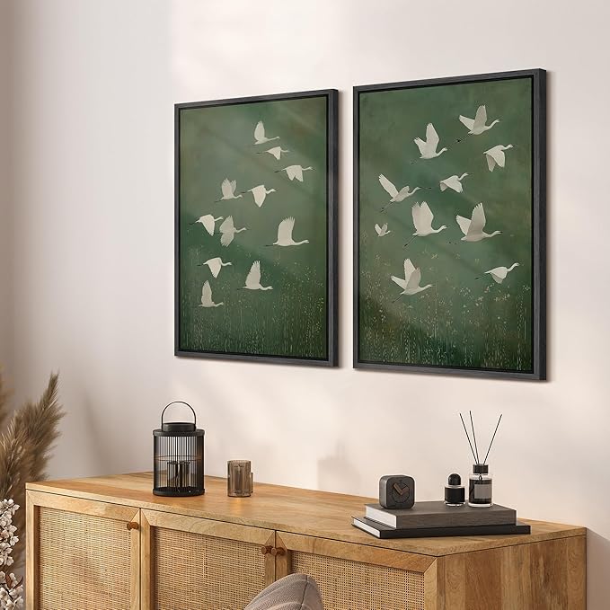 SIGNFORD Framed Canvas Print Wall Art Set Flight of Cranes Elegant Birds in Soft Green Hues Illustration Modern Art Decorative Nordic Nature for Living Room, Bedroom, Office - 24"x36"x2 Black
