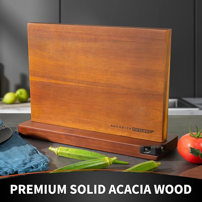 Magnetic Knife Block, Acacia Wood Magnetic Knife Holder for Kitchen Counter Universal Knife Block Without Knives (12 x 10 With Sharpener)