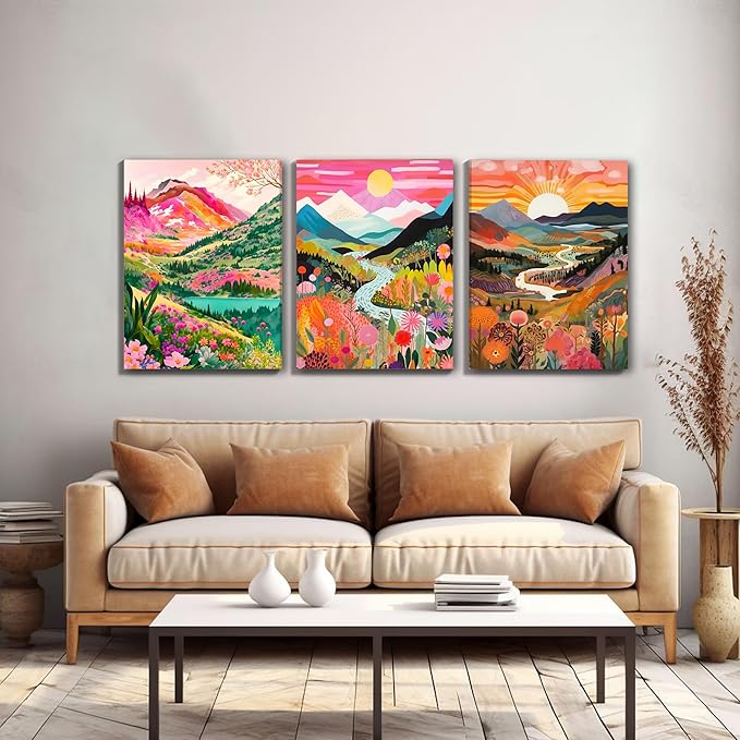DUWQU 3 piece Colorful Watercolor Mountain Canvas Wall Art Boho Floral Painting Picture Wall Decor Abstract Nature Landscape Poster Print Artwork for Living Room Bedroom Bathroom Office 12x16 Inches
