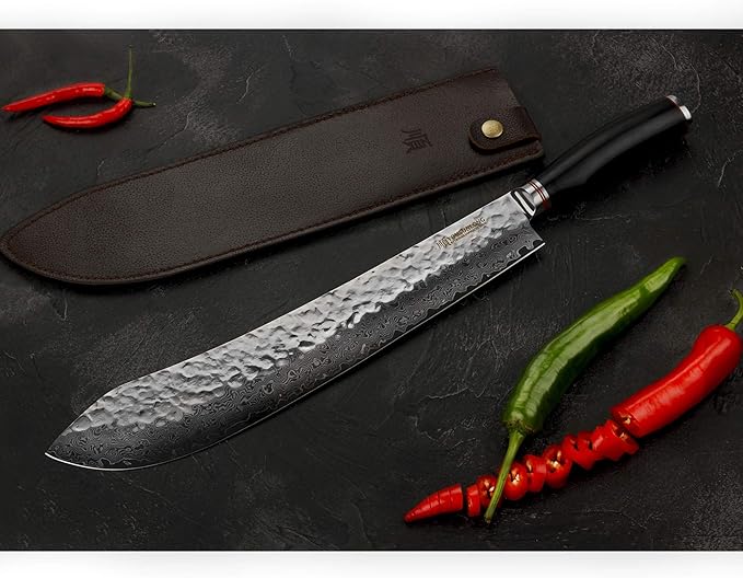 YOUSUNLONG Breaking Knife -14 Inch Extra Long Blade - Super Bull Nose Butcher Knife - Japanese Damascus High Carbon Stainless Steel -Razor Sharp Blade - Ergonomic Ebony Handle With Sheath