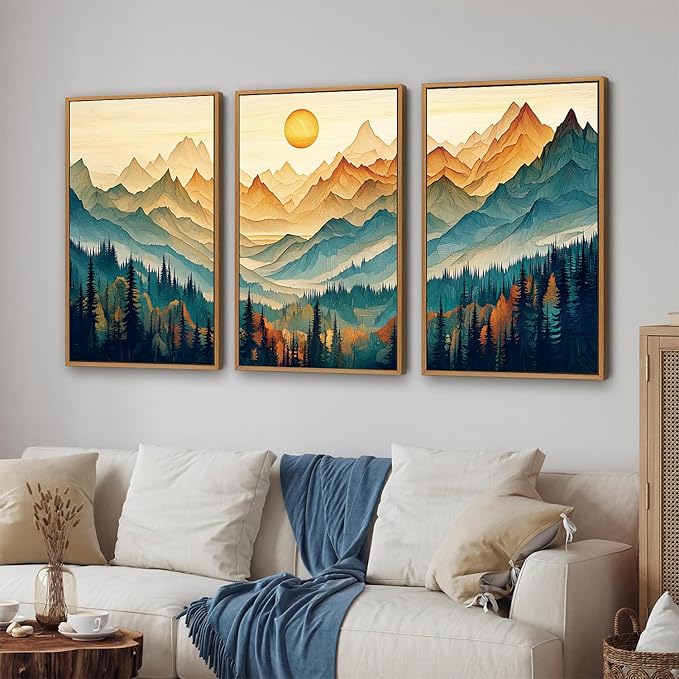 Tinonedraw Large Mountain Framed Canvas Wall Art Set of 3, Boho Nature Forest Wall Decor, Neutral Wooden Pine Trees Artwork, Sunrise Ridge Landscape Art Printing for Living Room Bedroom Office 24"x36"