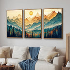 Tinonedraw Large Mountain Framed Canvas Wall Art Set of 3, Boho Nature Forest Wall Decor, Neutral Wooden Pine Trees Artwork, Sunrise Ridge Landscape Art Printing for Living Room Bedroom Office 24"x36"