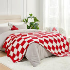Snuggle Sac Faux Fur Checkered Blanket Twin Size with Soft Knitted Microfiber Fabric,Cozy Soft Warm Blanket for Sofa Bedroom Living Room, Red Checker,60x80 inches