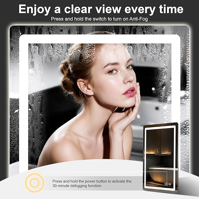 Led Bathroom Mirror, 36x24 Bathroom Vanity Mirror for Wall with Light, IP54 Enhanced Anti-Fog, Dimmable 3 Colors, Memory Function, Backlit and Front Lit, Shatter-Proof Glass, Plug-in/Hardwired