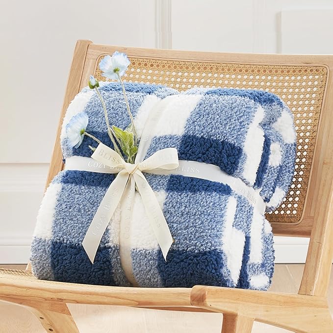 Cozy Bliss Luxury Sherpa Throw Blanket for Couch, Premium Reversible Buffalo Plaid Thick Throw, Warm Cozy Soft Blanket for Home and Gifts (Navy Blue, 50" x 60")