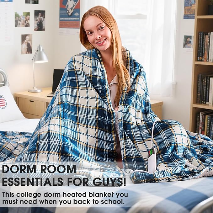 Heated Electric Blanket Twin Size,62X84 Heating Blanket with 10 Heats Levels&8 Hours Auto Off&Timer,Blue Plaid Soft Cozy Sherpa Blankets Warmer Gifts for Grandma Women Adult,Fast Heating Washable,ETL