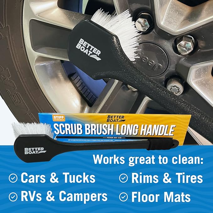 Stiff Hand Scrub Brush, Large Handle Heavy Duty Tire and Wheel Cleaning Tool, Outdoor Boat Scrubber with Handle, Carpet Cleaner, All-Purpose Cleaning Brush