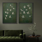 SIGNFORD Framed Canvas Print Wall Art Set Flight of Cranes Elegant Birds in Soft Green Hues Illustration Modern Art Decorative Nordic Nature for Living Room, Bedroom, Office - 16"x24"x2 Black