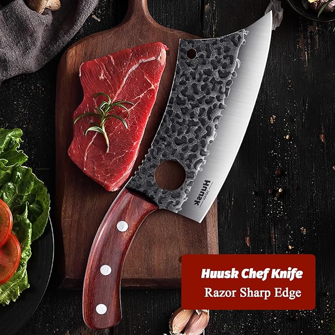 Huusk Meat Cleaver Knife, Hand Forged Butcher Knife for Meat Cutting, Full Tang Viking Knife with Sheath, Japanese Chef Knives for Kitchen, Outdoor Cooking, Camping, BBQ, Gift for Man and Women