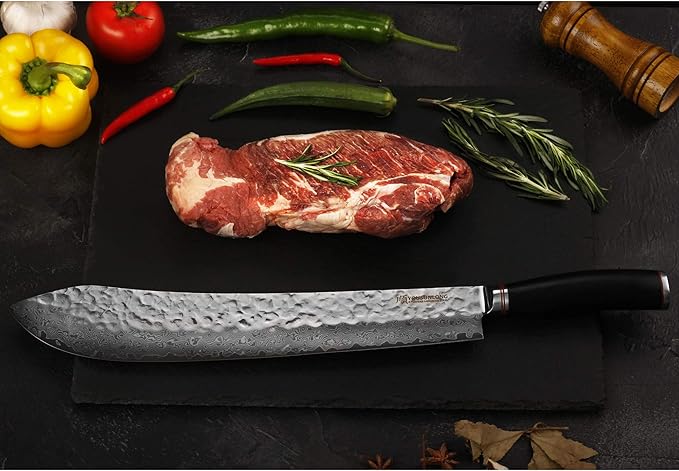 YOUSUNLONG Breaking Knife -14 Inch Extra Long Blade - Super Bull Nose Butcher Knife - Japanese Damascus High Carbon Stainless Steel -Razor Sharp Blade - Ergonomic Ebony Handle With Sheath