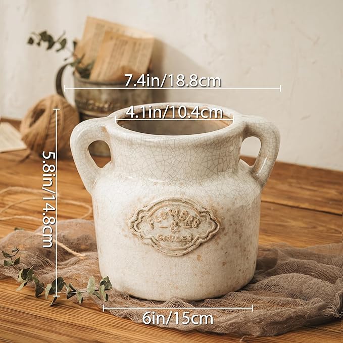 Rustic Ceramic Vase, 5.8 Inch Distressed Wide Mouth Vase with Ice Cracked Glazed, Farmhouse Vintage Flower Vases for Home Office Decor Living Room Bedroom Table Centerpiece Decorations