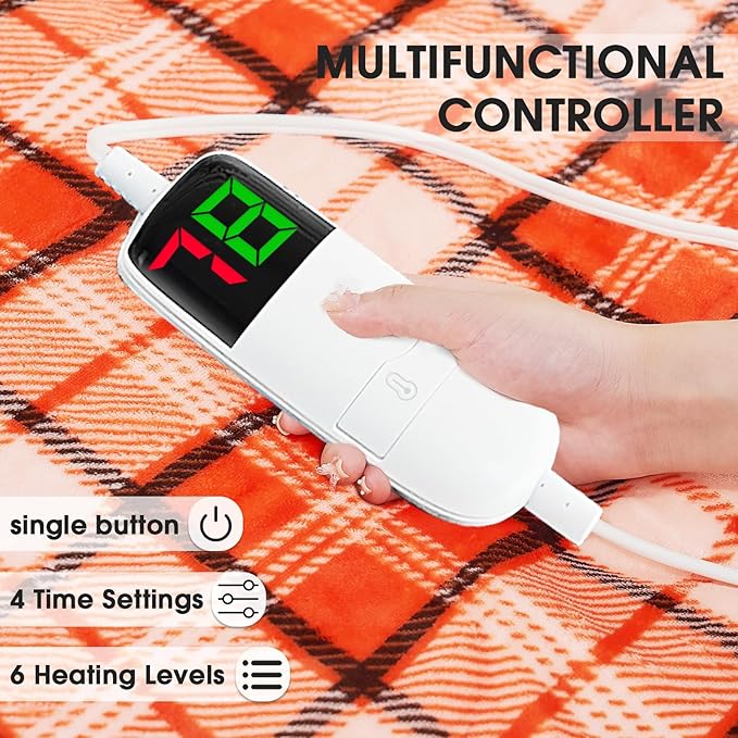 Heated Electric Blanket Queen Size, 84X90 Heating Blanket Queen with Dual Control&10 Heats Levels&Timer for Bed,Orange Plaid Sherpa Blankets Warmer Gift for Grandma Women Halloween Home Decor, ETL