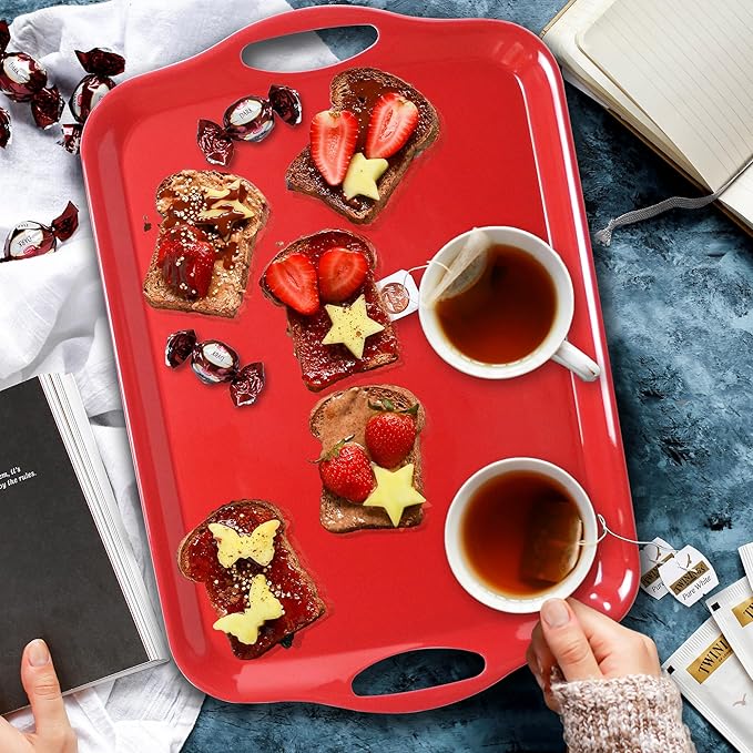 17.5 x 12’’ Large Melamine Serving Tray with Handles, Set of 2 Rectangular Melamine Serving Platters, Dishwasher Safe Trays for Eating, Appetizer, Charcuterie, Snack, Fruits, Desserts, Red