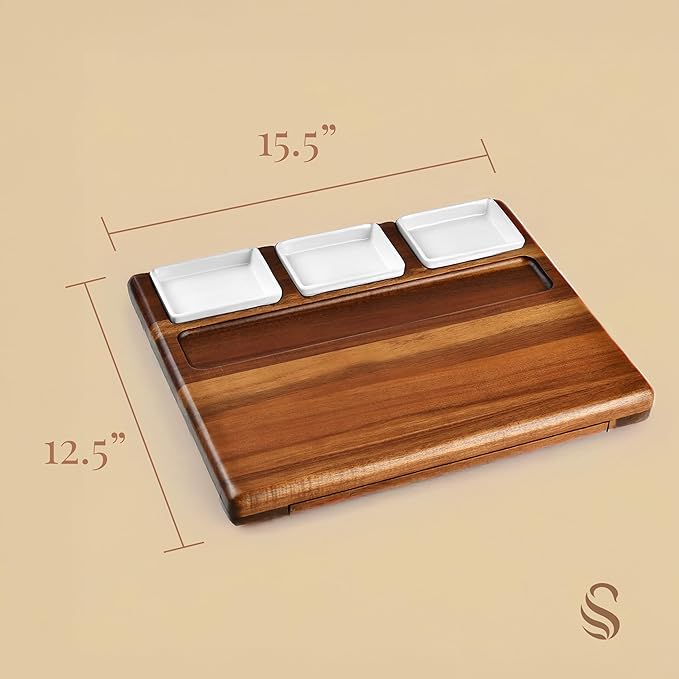 Shanik Large Acacia Wood Charcuterie Board Set – Includes 3 Removable Ceramic Bowls & Serving Utensils, Elegant Entertaining Gift for Any Occasion