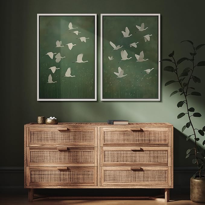 SIGNFORD Framed Canvas Print Wall Art Set Flight of Cranes Elegant Birds in Soft Green Hues Illustration Modern Art Decorative Nordic Nature for Living Room, Bedroom, Office - 16"x24"x2 White