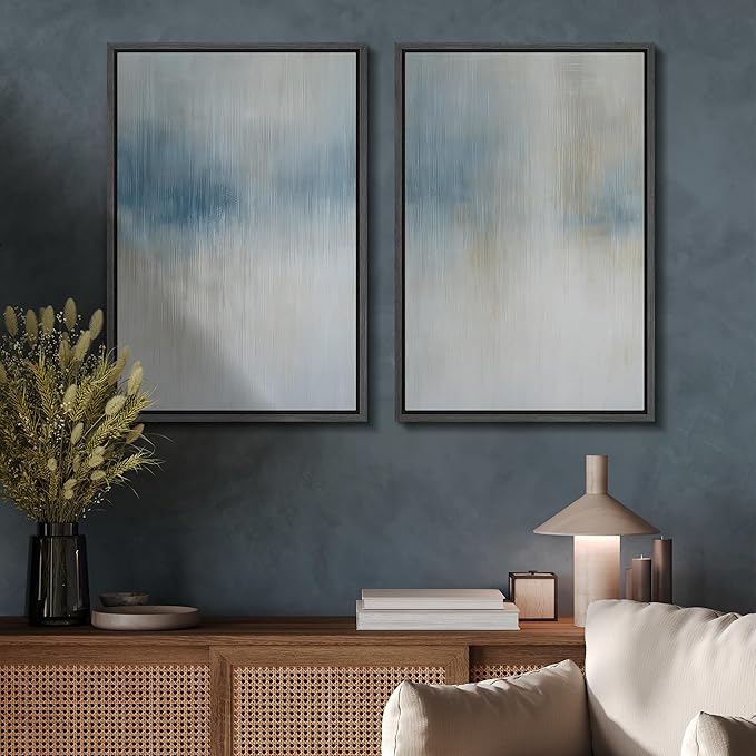 SIGNFORD Framed Canvas Print Wall Art Set Blue and Beige Abstract Modern Neutral Vertical Illustration Modern Art Decorative Nordic Nature for Living Room, Bedroom, Office - 16"x24"x2 Black
