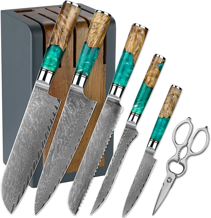 7-Piece Damascus Knife Block Sets, Damascus Knife Set for Professional Chefs, Cutlery Kitchen Scissors and Knives, Premium Razor Sharp Professional Chef Knife with Kitchen Shears and Block Set