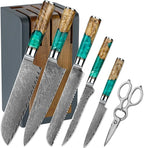 7-Piece Damascus Knife Block Sets, Damascus Knife Set for Professional Chefs, Cutlery Kitchen Scissors and Knives, Premium Razor Sharp Professional Chef Knife with Kitchen Shears and Block Set