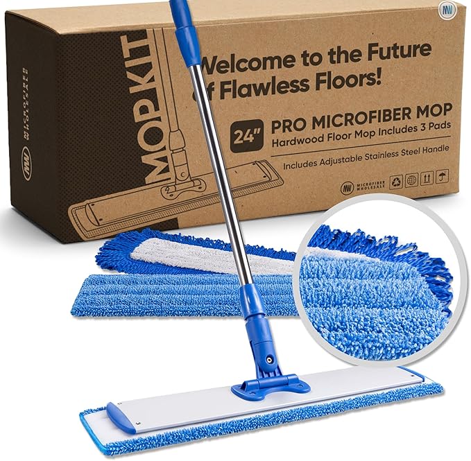Microfiber Wholesale 24" Microfiber Mop System - Clean & Dust Hardwood, Laminate, & Tile Floors, Reusable Mop Heads, Adjustable Handle, Washable Micro Fiber Wet & Dry Pads, Industrial & Commercial