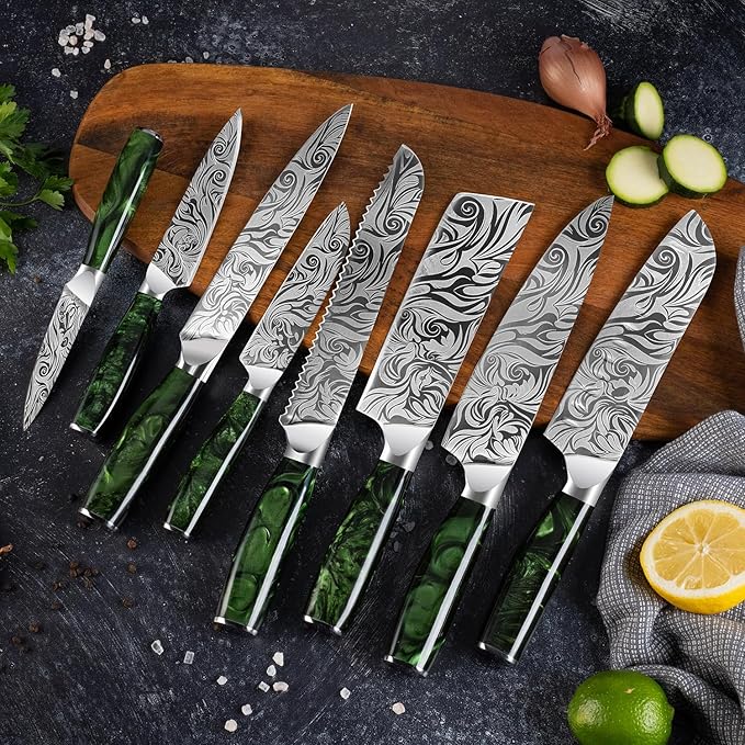 SENKEN Engraved Japanese Kitchen Knife Set with Beautiful Green Resin Wood Handles - Wasabi Collection - Chef's Knife, Bread, Cleaver, Paring, & More (16-Piece Knife Block Set)