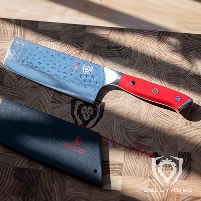 DALSTRONG Nakiri Knife - 6 inch - Shogun Series - Damascus Vegetable Knife - Japanese AUS-10V Super Steel Kitchen Knife - Vacuum Treated - Crimson Red ABS Handle - Razor Sharp Kitchen Knife - w/Sheath