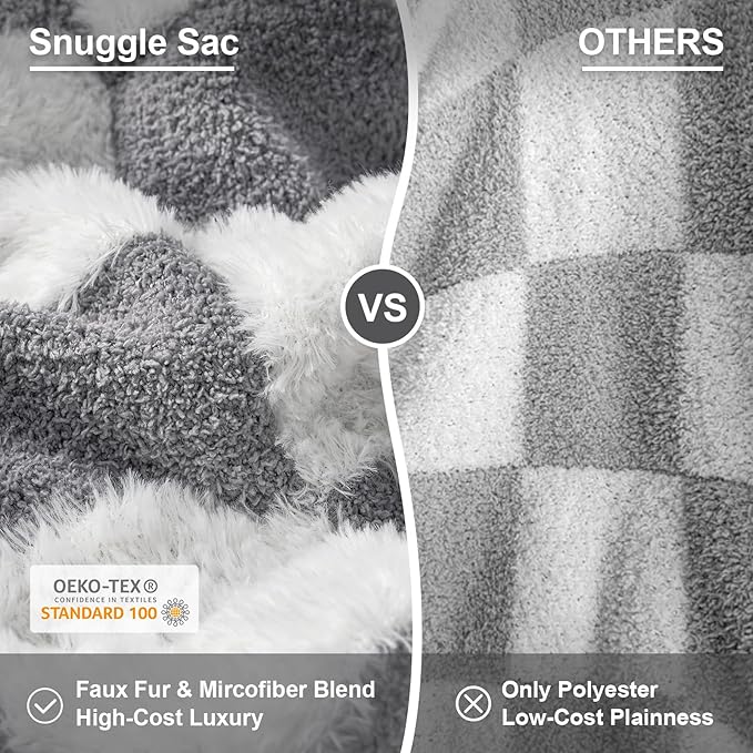 Snuggle Sac Faux Fur Checkered Blanket Twin Size with Soft Knitted Microfiber Fabric,Cozy Soft Warm Blanket for Sofa Bedroom Living Room,Grey Checker,60x80 inches